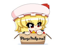 Rule 34 | &gt;:3, 1girl, :3, ascot, blonde hair, box, cardboard box, chibi, claws, embodiment of scarlet devil, english text, female focus, flandre scarlet, for adoption, hat, in box, in container, red eyes, short hair, simple background, solo, touhou, v-shaped eyebrows, wings, yamato damashi