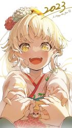 Rule 34 | 1girl, 1other, 2023, :d, bang dream!, blonde hair, blush, commentary request, fingernails, floating hair, floral print, flower, foreshortening, hair flower, hair ornament, happy new year, high ponytail, highres, holding hands, japanese clothes, kimono, light particles, long hair, long sleeves, looking at viewer, michelle (bang dream!), new year, nobusawa osamu, obi, official alternate costume, official alternate hairstyle, open mouth, outstretched arms, ponytail, pov, pov hands, print kimono, red flower, sash, simple background, smile, solo focus, teeth, tsurumaki kokoro, upper body, upper teeth only, white background, white flower, white kimono, yellow eyes