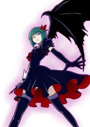 Rule 34 | 10s, 1girl, bakusai, black dress, black thighhighs, dark precure, dress, elbow gloves, from below, gloves, green eyes, green hair, hair ornament, hairpin, heartcatch precure!, magical girl, matching hair/eyes, one eye closed, pink background, precure, short hair, single elbow glove, single wing, solo, thighhighs, wings, wink, wrist cuffs