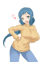 Rule 34 | 10s, 1girl, bad id, bad pixiv id, blue hair, denim, gundam, gundam build fighters, hands on own hips, heart, iori rinko, jeans, long hair, looking at viewer, onizuka takuto, open mouth, pants, ponytail, ribbed sweater, simple background, smile, solo, sweater, turtleneck, white background