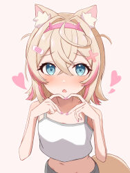 Rule 34 | 1girl, absurdres, animal ear fluff, animal ears, black shorts, blonde hair, blue eyes, blush, dog ears, dog girl, dog tail, flat chest, heart, heart hands, highres, hololive, hololive english, looking at viewer, medium hair, mococo abyssgard, multicolored hair, nail polish, navel, nekomotowata, open mouth, pink hair, pink nails, shirt, shorts, sidelocks, solo, streaked hair, tail, two side up, virtual youtuber, white background, white shirt