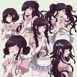 Rule 34 | 1girl, alternate hair length, alternate hairstyle, apron, bandaged arm, bandaged hand, bandages, bandaid, bandaid on face, blue skirt, blush, braid, collared shirt, commentary, criis-chan, danganronpa (series), danganronpa 2: goodbye despair, hair ribbon, long hair, mole, mole under eye, multiple views, nurse, own hands clasped, own hands together, pink shirt, puffy short sleeves, puffy sleeves, ribbon, shirt, short sleeves, simple background, skirt, symbol-only commentary, tsumiki mikan, twintails, watermark, web address, white apron