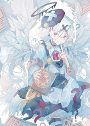 Rule 34 | 1girl, ?, absurdres, angel, angel wings, book, dress, grey hair, halo, highres, lolita fashion, melting halo, original, pale skin, pink eyes, striped clothes, striped thighhighs, thighhighs, twintails, umemaro (siona0908), white hair, wings