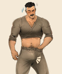 Rule 34 | 1boy, arm hair, bara, black hair, blush, bulge, chest hair peek, chris sdd, cleft chin, closed eyes, clothes lift, cowboy shot, facial hair, grey hair, grey pants, grey shirt, hand under clothes, highres, invincible (series), long sleeves, male focus, mature male, multicolored hair, muscular, muscular male, mustache, navel, navel hair, nolan grayson, notice lines, old, old man, open mouth, pants, pectoral cleavage, pectorals, shirt, shirt lift, short hair, simple background, sleeves rolled up, solo, streaked hair, sweat, sweatpants, thick mustache, v-neck, yellow background