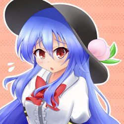Rule 34 | 1girl, :o, blouse, blue hair, bow, flying sweatdrops, food, fruit, hat, hinanawi tenshi, leaf, long hair, looking at viewer, peach, pink background, polka dot, polka dot background, shirt, short sleeves, solo, striped, striped background, sweatdrop, touhou, upper body, ymd (holudoun)