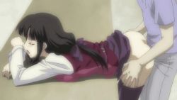 Rule 34 | 1boy, 1girl, animated, animated gif, black hair, closed eyes, grabbing, grabbing from behind, hair ribbon, hetero, open mouth, ribbon, school days, sex, sex from behind, thighhighs