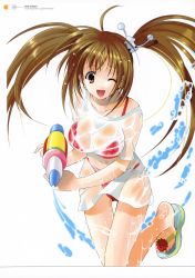 Rule 34 | 1girl, ;d, absurdres, ahoge, azuma yuki, bikini, breasts, brown eyes, brown hair, checkered bikini, checkered clothes, cleavage, hair ornament, hairclip, highres, large breasts, one eye closed, open mouth, red bikini, see-through, slippers, smile, solo, swimsuit, twintails, water, water gun, wet, wet clothes, wink