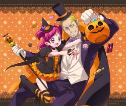 Rule 34 | 00s, 1boy, 1girl, :d, black thighhighs, blonde hair, blue eyes, boots, bunbee, bunbee (yes! precure 5), candy, cape, eyelashes, food, formal, grin, halloween, happy, hat, height difference, jack-o&#039;-lantern, maeashi, open mouth, orange background, orange skirt, orange thighhighs, pants, pink hair, pointy ears, precure, pumpkin, purple eyes, short hair, short twintails, skirt, smile, striped clothes, striped thighhighs, suit, thighhighs, top hat, twintails, two side up, wand, witch hat, wrapped candy, yes! precure 5, yumehara nozomi