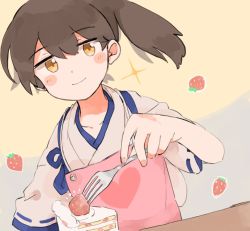 Rule 34 | 1girl, apron, brown eyes, brown hair, cake, commentary request, dutch angle, food, fork, fruit, heart, ina (1813576), japanese clothes, kaga (kancolle), kantai collection, long hair, pink apron, side ponytail, smile, solo, sparkle, strawberry, strawberry shortcake, tasuki