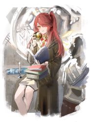Rule 34 | 1girl, alternate hair length, alternate hairstyle, apple, arknights, blurry, blurry background, book, book stack, border, brown robe, candle, candlestand, commentary request, crossed legs, energy wings, exusiai (arknights), feet out of frame, food, fruit, gawako, golden apple, hair over one eye, hand up, highres, holding, holding food, indoors, long hair, long sleeves, looking at viewer, one eye covered, open book, orange eyes, parted lips, reading, red hair, robe, sitting, smile, solo, white border