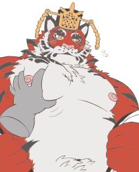 Rule 34 | 2boys, animal ears, bara, bare pectorals, blush, chest hair, chinese clothes, completely nude, crave saga, derivative work, disembodied hand, fat, fat man, flat color, flying sweatdrops, furry, furry male, grabbing, groping, guan hat, highres, large pectorals, looking away, male focus, mature male, mian guan, morino (morino8484), motion lines, multiple boys, muscular, muscular male, navel, navel hair, nipples, nude, orange fur, pectoral grab, pectorals, pov, shy, solo focus, stomach, thick eyebrows, tiger boy, tiger ears, two-tone fur, undressing, yaoi, yata no kagami (crave saga)
