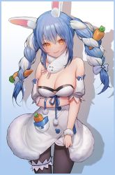 Rule 34 | 1girl, :3, absurdres, alternate breast size, animal ear fluff, animal ears, arm under breasts, bare shoulders, black pantyhose, blue background, blue border, blue hair, blue ribbon, blush, border, bow, braid, breasts, carrot, carrot hair ornament, cleavage, collarbone, cowboy shot, detached sleeves, don-chan (usada pekora), dress, drop shadow, fang, food-themed hair ornament, fur trim, gg amang, gradient background, hair bow, hair ornament, highres, hololive, large breasts, long hair, looking at viewer, multicolored hair, orange eyes, pantyhose, parted lips, puffy short sleeves, puffy sleeves, rabbit ears, rabbit girl, ribbon, short sleeves, simple background, solo, standing, twin braids, twintails, two-tone hair, usada pekora, usada pekora (1st costume), virtual youtuber, wall, white bow, white dress, white hair