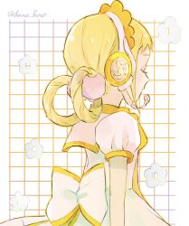 Rule 34 | 1girl, asuka momoko, blonde hair, bow, closed eyes, closed mouth, commentary, dress, facing away, flower, hair rings, hano luno, headset, highres, long hair, ojamajo doremi, puffy short sleeves, puffy sleeves, short sleeves, solo, standing, symbol-only commentary, twitter username, white background, white bow, white dress