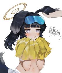 Rule 34 | 1girl, 1other, absurdres, animal ears, doodle sensei (blue archive), black hair, blue archive, blush, chestnut mouth, commentary request, dog ears, dog girl, dog tail, dokomon, goggles, goggles on head, grey eyes, halo, hands up, hibiki (blue archive), hibiki (cheer squad) (blue archive), highres, holding, holding ear, korean commentary, long hair, millennium cheerleader outfit (blue archive), navel, parted lips, pleated skirt, pom pom (cheerleading), ponytail, sensei (blue archive), simple background, skirt, tail, under covers, white background, white skirt