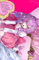 Rule 34 | 1girl, ancoo mm, bow, commentary, dress, drill hair, hair bow, heart, heart-shaped pillow, highres, hyakumantenbara salome, jewelry, long hair, necklace, nijisanji, open mouth, pillow, pink dress, pink hair, ponytail, purple eyes, purple hair, sideways, solo, stuffed animal, stuffed rabbit, stuffed toy, symbol-only commentary, virtual youtuber
