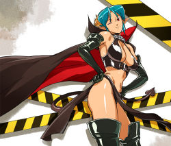 Rule 34 | 1girl, aqua hair, ass, bare shoulders, boots, breasts, cape, carrera, cleavage, collar, demon girl, demon tail, elbow gloves, eyeshadow, gloves, halterneck, hands on own hips, horns, large breasts, leather, loincloth, looking at viewer, makeup, navel, o/p.com, one eye closed, opocom, red eyes, short hair, solo, tail, thigh boots, thighhighs, thighs, viper, wink