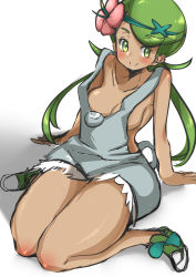 Rule 34 | 1girl, arm support, bare shoulders, blush, breasts, closed mouth, collarbone, creatures (company), dark-skinned female, dark skin, female focus, flower, full body, game freak, green eyes, green footwear, green hair, green hairband, hair flower, hair ornament, hairband, happy, highres, hyuuman, long hair, looking to the side, mallow (pokemon), matching hair/eyes, medium breasts, naked overalls, nintendo, off shoulder, overalls, pink flower, pokemon, pokemon sm, shiny skin, shoes, simple background, sitting, sketch, smile, solo, swept bangs, trial captain, twintails, wariza, white background