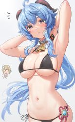 2girls ahoge armpits arms_up bell bikini black_bikini blonde_hair blood blush chibi chinese_knot cowbell cowboy_shot female_focus ganyu_(genshin_impact) genshin_impact goat_horns highres horns long_hair looking_at_viewer lumine_(genshin_impact) micro_bikini midriff multiple_girls navel nosebleed parted_lips short_hair side-tie_bikini_bottom sidelocks simple_background solo_focus string_bikini swimsuit taniguchi_daisuke_(surumenium) very_long_hair wet white_background