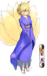 Rule 34 | 1girl, animal ears, blonde hair, breasts, character name, cleavage, collarbone, fox ears, fox tail, full body, japanese clothes, kimono, kinketsu, long sleeves, multiple tails, obi, own hands together, sandals, sash, short hair, simple background, sleeves past wrists, smile, solo, tail, text focus, touhou, white background, white legwear, yakumo ran, yellow eyes, yin yang