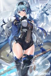 Rule 34 | 1girl, 7 n, black thighhighs, blue gloves, blue hair, blush, breasts, cameltoe, closed mouth, covered navel, eula (genshin impact), genshin impact, gloves, gluteal fold, highres, holding, holding sword, holding weapon, long hair, long sleeves, looking at viewer, medium breasts, solo, standing, sword, thighhighs, weapon, yellow eyes