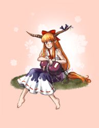 Rule 34 | 1girl, barefoot, blush, bow, chain, cuffs, dress, gourd, grass, hair bow, highres, horn bow, horn ornament, horns, ibuki suika, long hair, looking at viewer, low-tied long hair, matching hair/eyes, oni, orange eyes, orange hair, paigeling, pointy ears, ponytail, shackles, sidelocks, sitting, smile, solo, touhou, very long hair, wrist cuffs