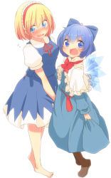Rule 34 | 2girls, alice margatroid, alice margatroid (cosplay), aoi (annbi), barefoot, blonde hair, blue dress, blue eyes, blue hair, blush, boots, bow, brown footwear, capelet, cirno, cirno (cosplay), cosplay, costume switch, dress, embarrassed, full body, hair between eyes, hair ribbon, hairband, ice, ice wings, lolita hairband, long sleeves, looking at viewer, multiple girls, open mouth, puffy sleeves, ribbon, sash, shirt, short hair, short sleeves, simple background, skirt, skirt set, smile, touhou, v-shaped eyebrows, vest, wavy mouth, white background, wings