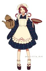 Rule 34 | 1girl, akagi shun, apron, blue dress, blush, dress, frilled apron, frills, full body, head scarf, holding, holding teapot, japanese clothes, long sleeves, maid, open mouth, original, parted bangs, red eyes, red hair, sandals, simple background, smile, socks, solo, standing, tabi, teapot, teeth, tongue, twintails, twitter username, wa maid, white apron, white background, white headwear