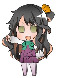 Rule 34 | 1girl, :d, black hair, bow, brown hair, chibi, dress, fang, full body, green bow, green eyes, gurageida, hair ribbon, kantai collection, long sleeves, multicolored hair, naganami (kancolle), no shoes, one side up, open mouth, orange ribbon, outstretched arm, pantyhose, pleated dress, purple dress, purple pantyhose, ribbon, shirt, simple background, sleeveless, sleeveless dress, sleeves past wrists, smile, solo, standing, streaked hair, v-shaped eyebrows, white background, white shirt