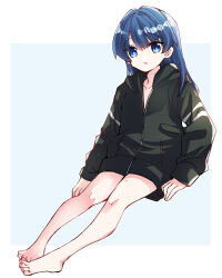 Rule 34 | 1girl, barefoot, black jacket, blue eyes, blue hair, blush, collarbone, commentary request, dark blue hair, hickey, highres, hood, hooded jacket, jacket, kanduki kamibukuro, light blush, link! like! love live!, long hair, long sleeves, looking at viewer, love live!, mole, mole on neck, murano sayaka, open clothes, open jacket, parted lips, partially unzipped, sitting, solo