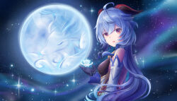 1girl ahoge bell black_gloves black_horns blue_hair bodystocking breasts cowbell detached_sleeves flower full_moon ganyu_(genshin_impact) genshin_impact gloves goat_horns highres horns long_hair moon multicolored_hair purple_eyes rikumuro sky snowing star_(sky) starry_sky twitter_username two-tone_hair white_flower