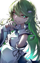 Rule 34 | 1girl, 33 gaff, absurdres, collared shirt, commentary, detached sleeves, frog hair ornament, green eyes, green hair, hair ornament, highres, kochiya sanae, long hair, looking at viewer, parted lips, shirt, simple background, smile, snake hair ornament, solo, touhou, upper body, white background, white shirt, wide sleeves