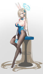 Rule 34 | 1girl, absurdres, animal ears, asuna (blue archive), asuna (bunny) (blue archive), bare shoulders, blue archive, blue eyes, blue leotard, blush, breasts, brown pantyhose, card, cleavage, detached collar, elbow gloves, fake animal ears, full body, gloves, grin, hair over one eye, halo, high heels, highleg, highleg leotard, highres, large breasts, leotard, light brown hair, long hair, looking at viewer, mole, mole on breast, mx2j, pantyhose, playboy bunny, playing card, rabbit ears, smile, solo, stool, very long hair, white gloves