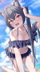 Rule 34 | 1girl, absurdres, adjusting hair, animal ear fluff, animal ears, arm support, beach, bikini, black bikini, blue archive, blush, breasts, cat ears, cloud, cloudy sky, collarbone, crossed bangs, fang, frilled bikini, frills, fukujin, hair between eyes, halo, hand out of frame, highres, knees out of frame, long hair, looking at viewer, open mouth, outdoors, red eyes, red halo, serika (blue archive), serika (swimsuit) (blue archive), sidelocks, sky, small breasts, solo, swimsuit, twintails, very long hair