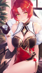 Rule 34 | 1girl, alternate hairstyle, arm behind back, arm support, bangle, bare shoulders, blurry, blurry background, bracelet, breasts, china dress, chinese clothes, cleavage, cleavage cutout, clothing cutout, cup, dress, earrings, glint, gloves, hair up, head tilt, highres, holding, holding cup, honkai (series), honkai impact 3rd, iandrea, indoors, jewelry, large breasts, long hair, looking at viewer, mole, mole on breast, murata himeko, murata himeko (vermillion knight), open mouth, parted bangs, red hair, sidelocks, sitting, smile, solo, thighs, yellow eyes