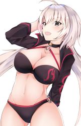 Rule 34 | 1girl, :d, ahoge, arm up, bikini, black bikini, black choker, black jacket, blush, breasts, choker, cleavage, collarbone, commentary request, fate/grand order, fate (series), green eyes, groin, hair between eyes, highres, jacket, jeanne d&#039;arc alter (swimsuit berserker) (fate), jeanne d&#039;arc (fate), jeanne d&#039;arc alter (fate), jeanne d&#039;arc alter (swimsuit berserker) (fate), large breasts, long hair, long sleeves, looking at viewer, navel, o-ring, o-ring bikini, o-ring bottom, o-ring top, open mouth, shrug (clothing), silver hair, siroimo0828, smile, solo, swimsuit, teeth, upper teeth only, very long hair