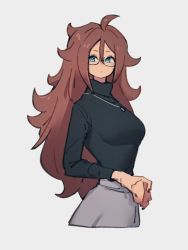 Rule 34 | 1girl, android 21, black sweater, blue eyes, dragon ball, dragon ball fighterz, grey background, grey skirt, hair between eyes, jewelry, kemachiku, long hair, long sleeves, looking at viewer, necklace, red hair, simple background, skirt, solo, sweater, turtleneck, turtleneck sweater