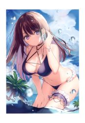 Rule 34 | 1girl, absurdres, bikini, blue sky, breasts, brown hair, cleavage, closed mouth, cloud, cloudy sky, day, highres, leaning forward, long hair, looking at viewer, medium breasts, navel, necomi, o-ring, o-ring bikini, original, outdoors, partially submerged, purple eyes, scan, sky, solo, stomach, swimsuit, thigh strap, thighs, water