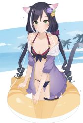 Rule 34 | 1girl, animal ear fluff, animal ears, bare shoulders, bikini, black bikini, black hair, blush, breasts, cat ears, cat girl, cat tail, cleavage, collarbone, commentary request, drill hair, front-tie bikini top, front-tie top, green eyes, highres, inanami, innertube, jacket, karyl (princess connect!), karyl (summer) (princess connect!), long hair, looking at viewer, low twintails, medium breasts, multicolored clothes, multicolored hair, multicolored swimsuit, ocean, palm tree, princess connect!, purple bikini, purple jacket, red bikini, solo, streaked hair, swim ring, swimsuit, tail, tearing up, tears, tree, twin drills, twintails, very long hair, white background, white hair