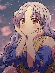 Rule 34 | 1girl, bare shoulders, blue sleeves, blush, closed mouth, detached sleeves, dress, highres, long hair, multicolored clothes, multicolored dress, orange dress, red dress, red eyes, rokugou daisuke, sakata nemuno, signature, single-shoulder dress, solo, touhou, wavy hair, white hair, yellow dress