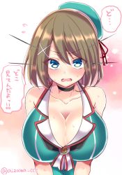 Rule 34 | 10s, 1girl, aizawa chihiro, arms at sides, bare shoulders, blue hair, blush, breasts, brown hair, cleavage, collarbone, embarrassed, female focus, hat, headgear, huge breasts, kantai collection, looking at viewer, maya (kancolle), maya kai ni (kancolle), open mouth, short hair, solo, standing, sweat, translated, upper body