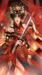 Rule 34 | 1girl, absurdres, bare shoulders, black hair, blood, brooch, candle, dress, earrings, fire, guaisanmu, hair ornament, highres, holding, holding sword, holding weapon, jewelry, long hair, long sleeves, off-shoulder dress, off shoulder, orange eyes, original, red dress, scowl, solo, standing, sword, tassel, transparent, weapon, wide sleeves