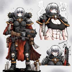 Rule 34 | 1girl, ?, adepta sororitas, armor, blue eyes, bob cut, bolter, breasts, chainsword, cleavage, gloves, highres, large breasts, looking at viewer, muscular, muscular female, octosoup, power armor, purity seal, robe, skirt, skull, solo, sweat, warhammer 40k, weapon, white background, white hair