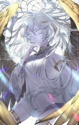 Rule 34 | 1girl, absurdres, angel, angel wings, chocolate4170615, detached sleeves, dress, grey hair, halo, highres, long hair, looking at viewer, looking down, original, solo, thigh strap, very long hair, white background, white dress, wings, yellow eyes