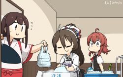 Rule 34 | 3girls, ahoge, akagi (kancolle), apron, arashi (kancolle), ashigara (kancolle), blouse, bow, brown eyes, brown hair, closed eyes, collared shirt, commentary request, dated, flying sweatdrops, food, gloves, hair bow, hairband, hakama, hakama short skirt, hakama skirt, hamu koutarou, highres, indoors, japanese clothes, kantai collection, leaning forward, long hair, long sleeves, looking at another, messy hair, multicolored bow, multiple girls, muneate, one-hour drawing challenge, onion, ponytail, purple apron, red hair, red skirt, shirt, short sleeves, signature, skirt, sleeves rolled up, smile, standing, straight hair, vest, wavy hair, white gloves, white hairband, white shirt, wide sleeves, yellow eyes