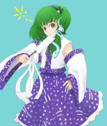 Rule 34 | 1girl, asymmetrical hair, blue background, blue skirt, detached sleeves, female focus, frog hair ornament, gohei, green eyes, green hair, hair ornament, itsukage, kochiya sanae, long sleeves, looking at viewer, matching hair/eyes, nontraditional miko, oonusa, simple background, skirt, snake hair ornament, solo, touhou, vest, wide sleeves