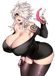 Rule 34 | 1girl, absurdres, bare shoulders, bent over, black jacket, breasts, breasts out, choker, cleavage, curvy, dress, extra mouth, goth fashion, grey hair, hand mouth, highres, huge breasts, hz (666v), jacket, narrow waist, nervous, off-shoulder sweater, off shoulder, one eye covered, original, paid reward available, plump, red eyes, short hair, short hair with long locks, shoulder tattoo, solo, sullivan (camui kamui), sweater, sweater dress, tattoo, thick thighs, thighhighs, thighs, tongue, tongue out, white hair