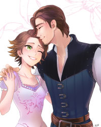Rule 34 | 1boy, 1girl, ;), ano (sbee), artist name, beard, belt, breasts, brown hair, couple, disney, dress, closed eyes, facial hair, fingernails, flynn rider, green eyes, happy, height difference, hetero, kiss, kissing forehead, long sleeves, looking at another, one eye closed, pink dress, purple dress, rapunzel (disney), shirt, short hair, simple background, small breasts, smile, spoilers, tangled, waistcoat, white background, white shirt