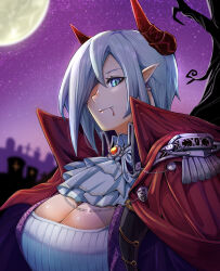 Rule 34 | 1girl, ascot, bare tree, blood, blood on face, blue eyes, breasts, cape, cleavage, commentary, commentary request, earrings, english text, fang, full moon, girls&#039; frontline, graveyard, grey hair, griffin &amp; kryuger, hair over one eye, high collar, highres, horns, huge breasts, ichi illust001, jewelry, looking at viewer, mg5 (girls&#039; frontline), moon, night, outdoors, pointy ears, red cape, revision, shirt, sky, smile, solo, star (sky), starry sky, tree, upper body, white ascot, white shirt