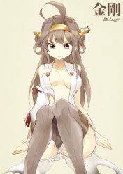 Rule 34 | 10s, bad id, bad twitter id, bare shoulders, brown hair, detached sleeves, grey eyes, kantai collection, kongou (kancolle), open clothes, open shirt, shigino sohuzi, shirt, sitting, solo, thighhighs, torn clothes