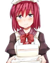 Rule 34 | 1girl, apron, blue eyes, blush, bow, cake, closed mouth, eyebrows, food, hisui (tsukihime), jirou (tamaho39), long sleeves, maid, maid apron, maid headdress, red bow, red hair, simple background, smile, solo, tsukihime, upper body, white background